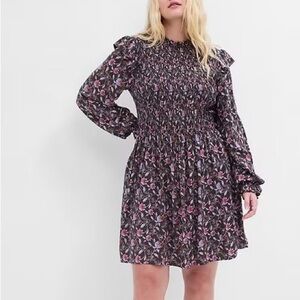 Women’s Small GAP Brown Purple Fall Floral Smocked Ruffle Long Sleeve Mini Dress